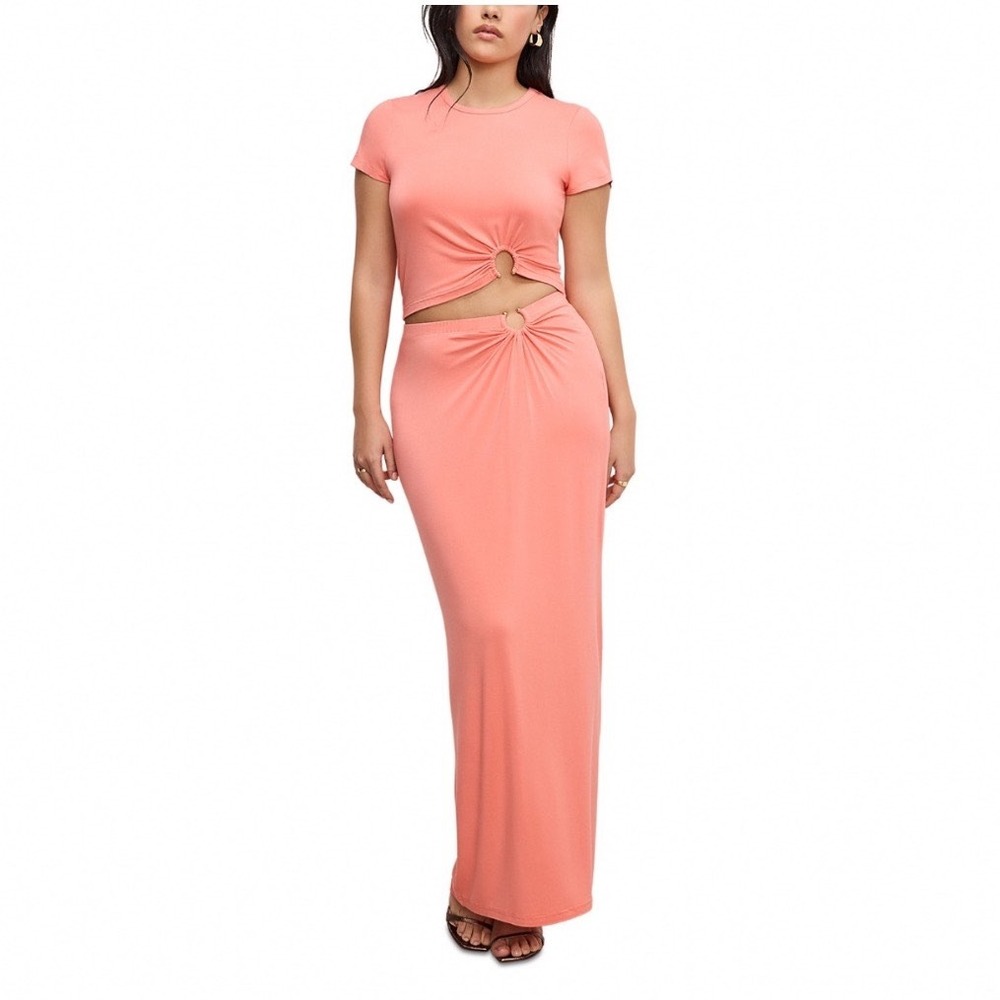 Good American Stretch Jersey Maxi Skirt Coral Pink Ring Cutout GKB0091 Medium